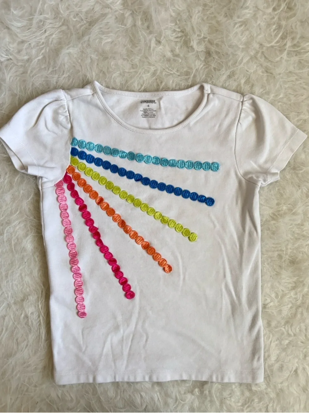 Gymboree White Tee with Colorful Embroidered Rainbow Rays
